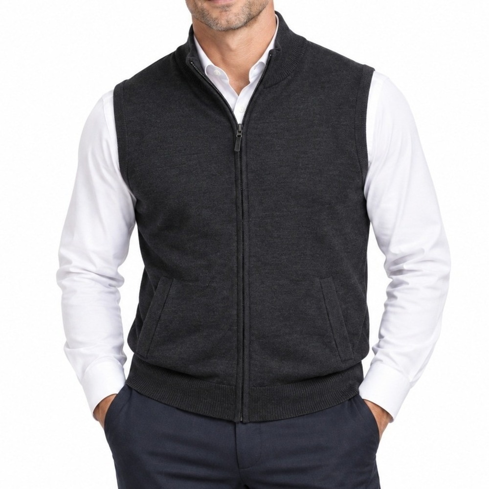 Charles Tyrwhitt Vest Men XL Gray Merino Wool Full Zip Sweater Vest Professional